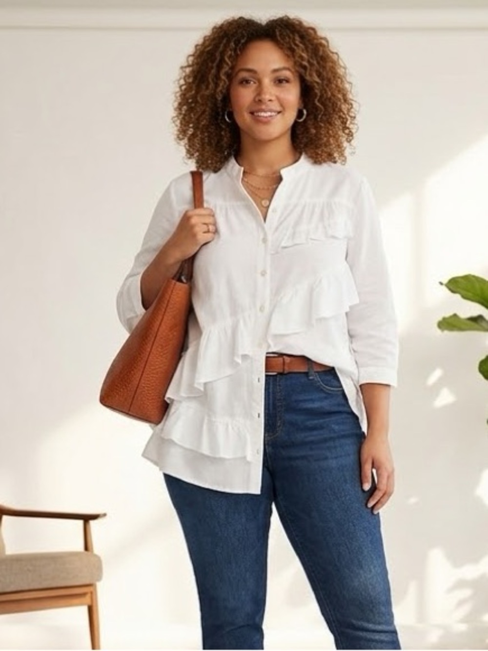 Garnet Hill White Ruffle-Trim Button Down Top